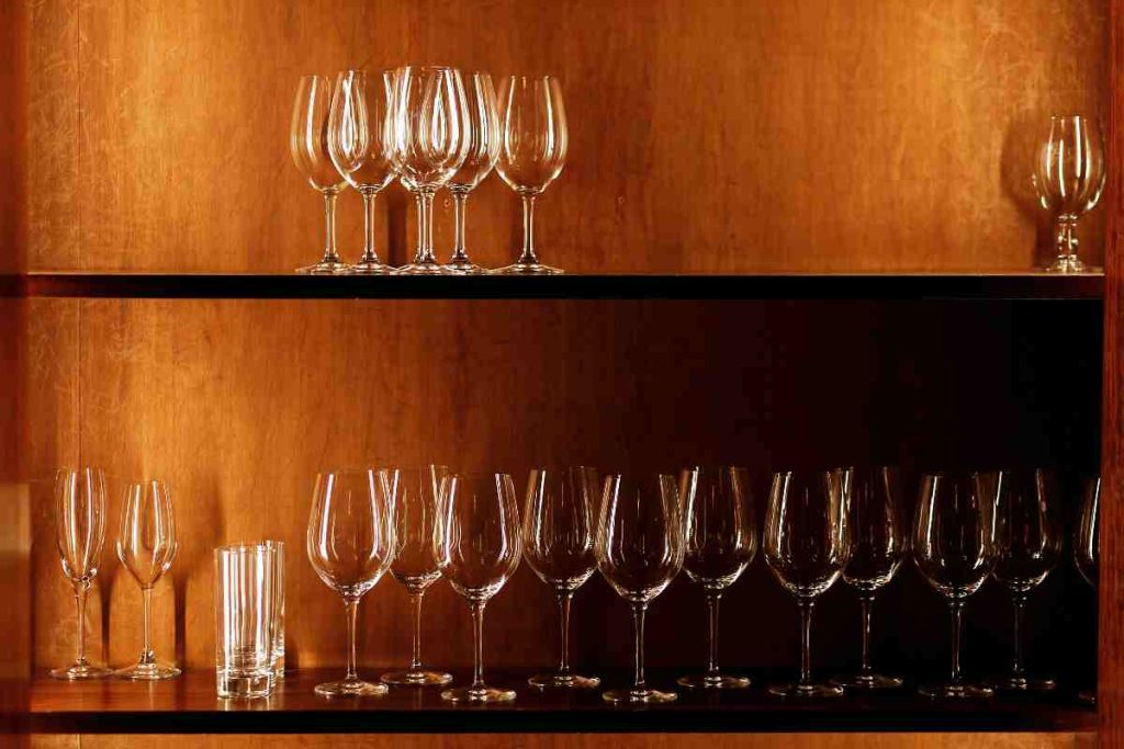 Wine glasses on a shelves