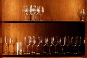 Wine glasses on a shelves